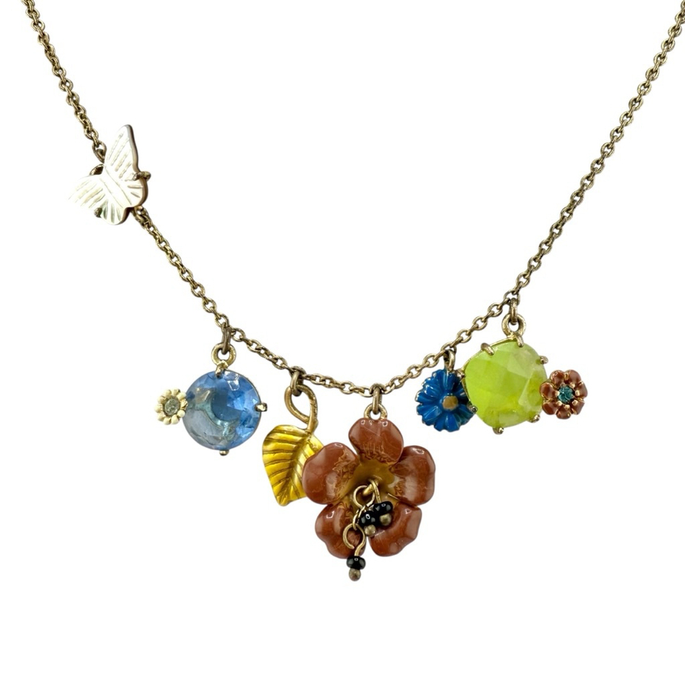 VTG Les Néréides Multicolor Bronze Charm Necklace w Flower & Butterfly Charms